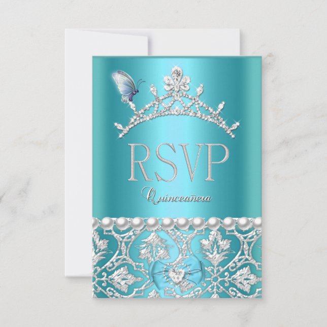 RSVP Reply Quinceanera 15th Blue Damask Butterfly (Front)