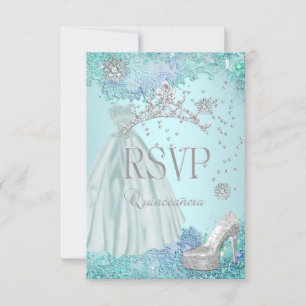 RSVP Reply Quinceanera Soft Teal Tiara Dress Shoe Card