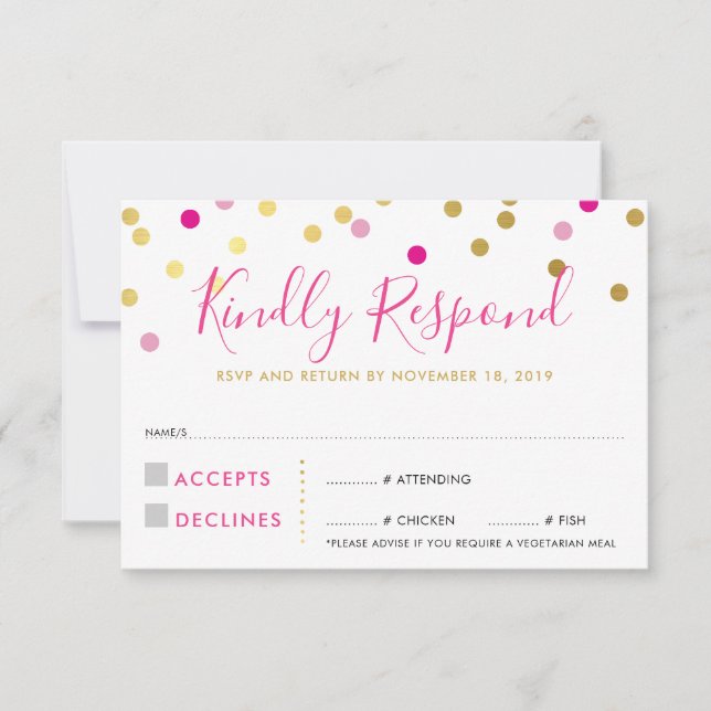 RSVP REPLY RESPONSE CARD confetti spot gold pink (Front)