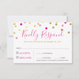 RSVP REPLY RESPONSE CARD confetti spot gold pink