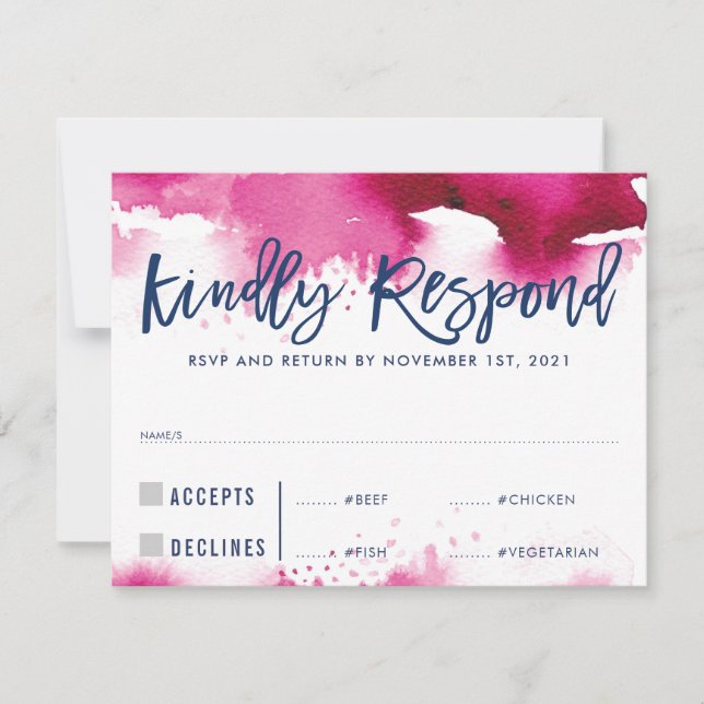 RSVP REPLY RESPONSE dark pink watercolor meals big (Front)