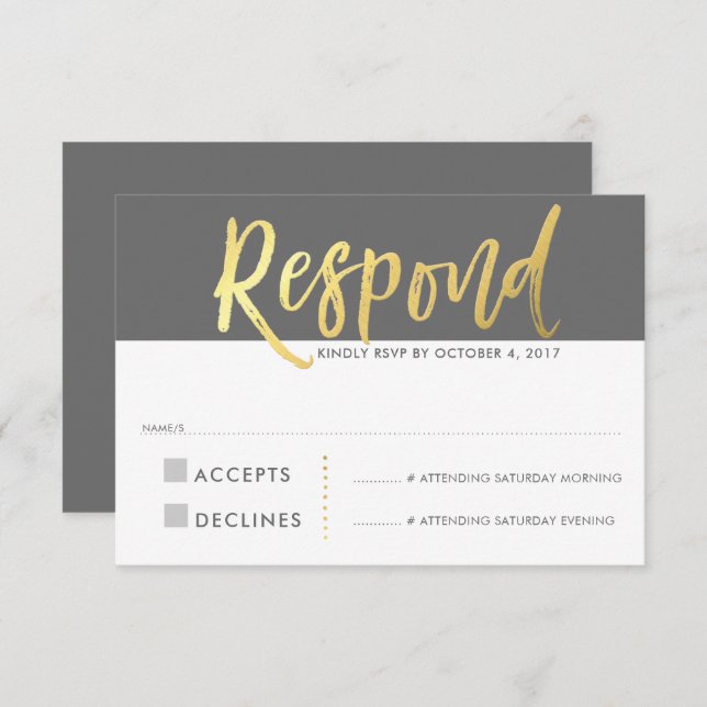 RSVP REPLY RESPONSE faux gold type grey Invitation (Front/Back)