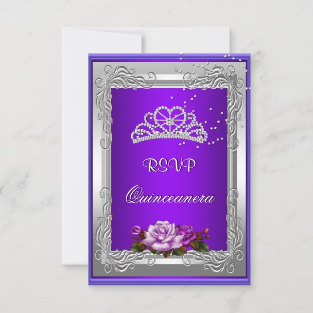 RSVP Reply Response Purple Silver Rose Quinceanera Invitation (Front)
