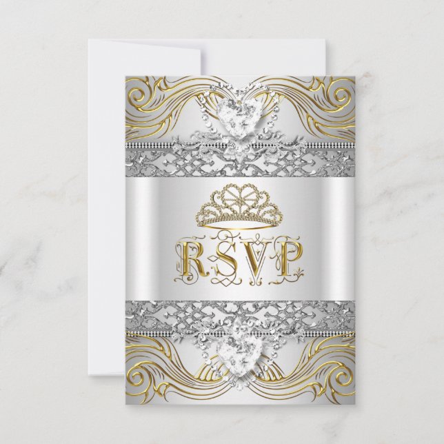 RSVP Reply Response Silver White Gold Quinceanera (Front)