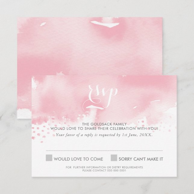 RSVP REPLY RESPONSE stylish watercolor pale pink Invitation (Front/Back)