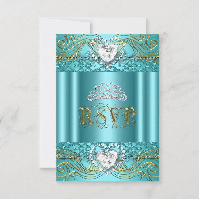 RSVP Reply Response Teal Blue Gold Quinceanera (Front)