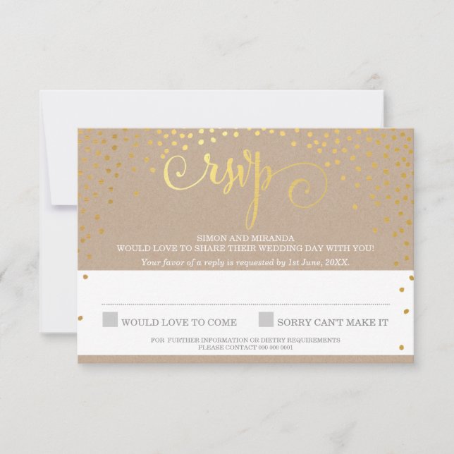 RSVP REPLY stylish rustic mini gold confetti kraft (Front)