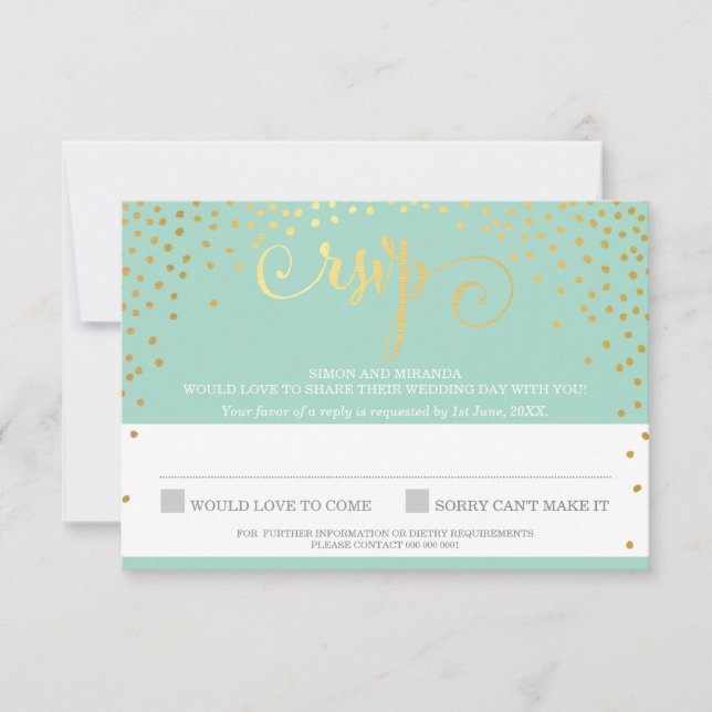 RSVP REPLY stylish rustic mini gold confetti mint Card (Front)