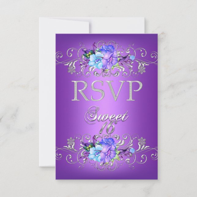 RSVP Reply Sweet 16 Sixteen White Purple Flowers Card (Front)