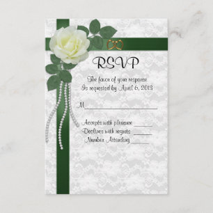 RSVP response card white rose green ribbons