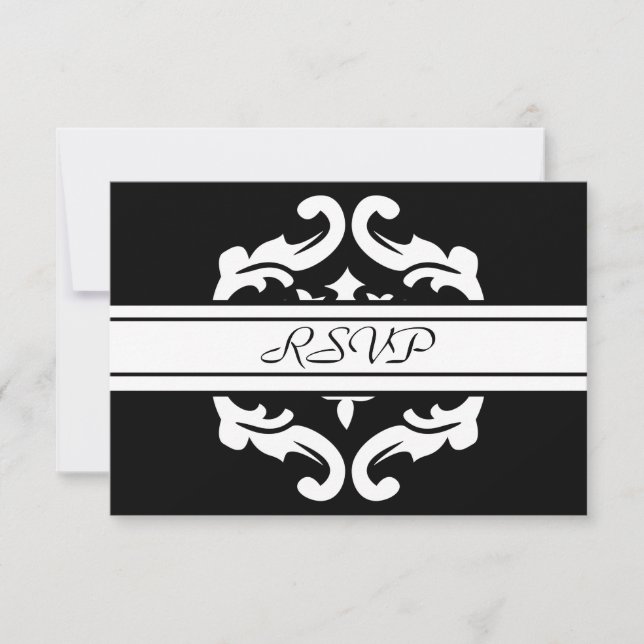 RSVP Response in Stylish Black & White Damask (Front)