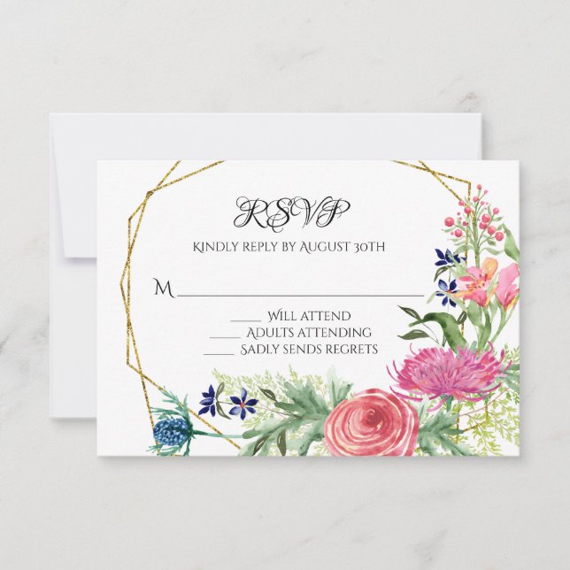 RSVP Response Watercolor Floral Blue Pink Ferns (Front)