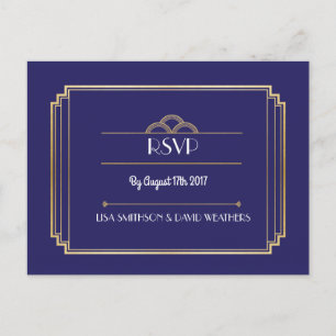RSVP Response Wedding Postcard Art Deco Navy Gold