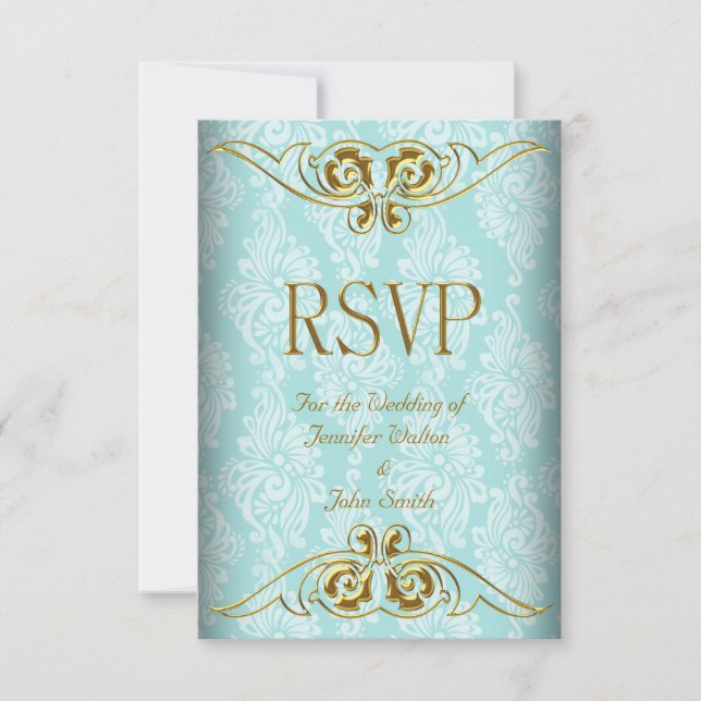 RSVP Response Wedding Teal Blue Gold Damask (Front)