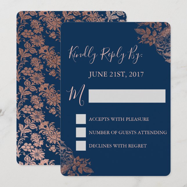 RSVP - Rose Gold Pink and Navy Blue Floral Invitation (Front/Back)