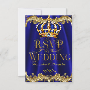 RSVP Royal Blue Navy Wedding Gold Crown Card