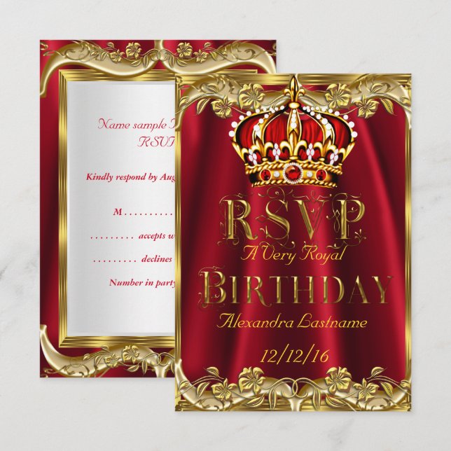 RSVP Royal Red Birthday party Gold Crown  (Front/Back)