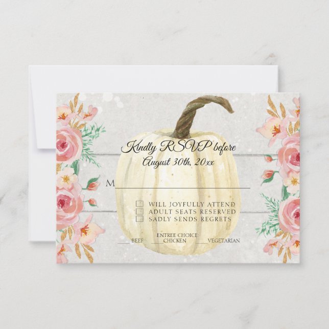 RSVP Rustic Blush Pink Floral White Pumpkin Wooden Invitation (Front)