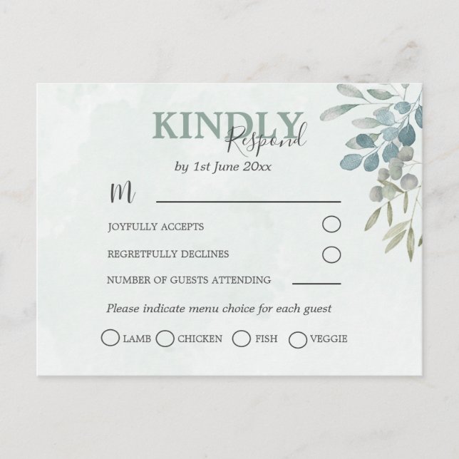 RSVP Rustic Eucalyptus Greenery Wedding Invitation Postcard (Front)