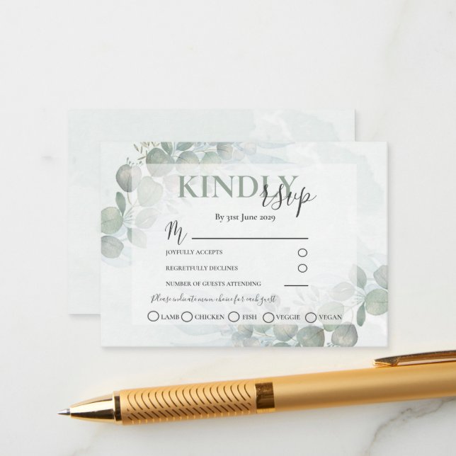  RSVP Rustic Eucalyptus Sage Green Wedding Enclosure Card (Front/Back In Situ)