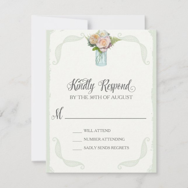 RSVP Rustic Mason Jar Roses Script Typography Card (Front)