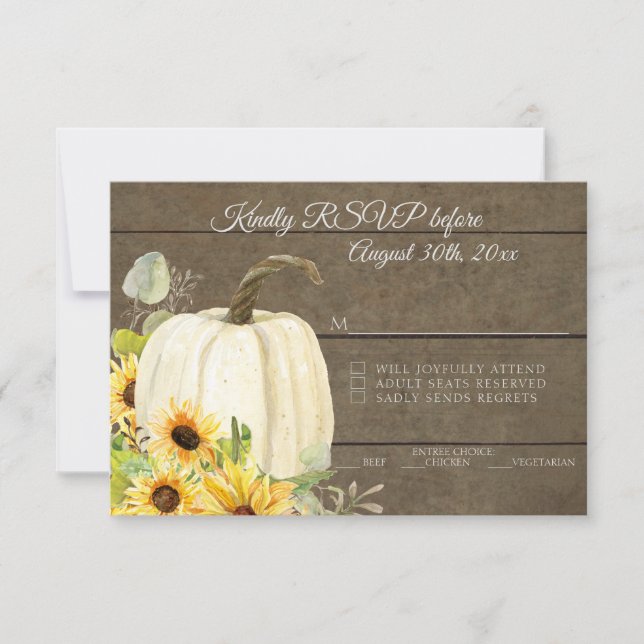 RSVP Rustic Watercolor Floral White Pumpkin Wooden Invitation (Front)