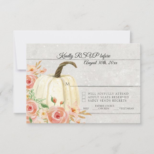 RSVP Rustic Watercolor Floral White Pumpkin Wooden Invitation (Front)