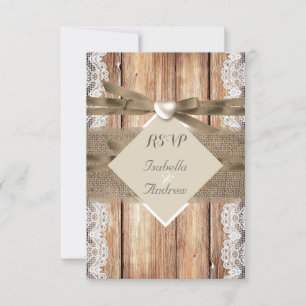 RSVP Rustic Wedding Brown White Lace Wood Burlap Card