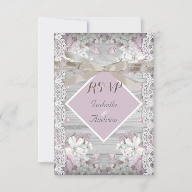 RSVP Rustic Wood Floral Wedding White Lace Pink (Front)