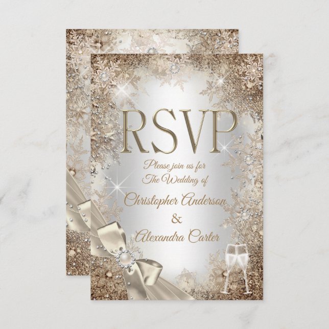 RSVP Silver Beige Cream Pearl Bow Snowflake 2 Invitation (Front/Back)