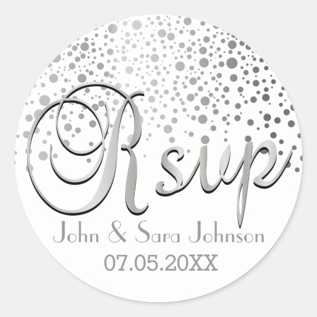 RSVP | Silver Confetti Dots | Personalise Classic Round Sticker (Front)