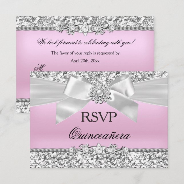 RSVP Silver Pink Glitter Jewel Bow Quinceanera Invitation (Front/Back)