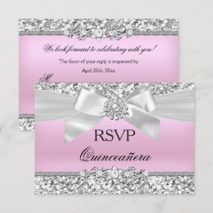 RSVP Silver Pink Glitter Jewel Bow Quinceanera Invitation