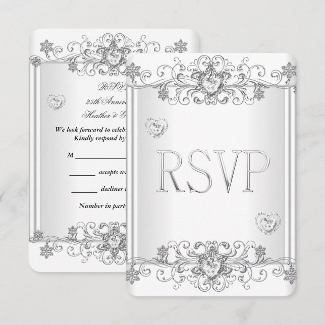 RSVP Silver White Diamond Hearts 2 Invitation (Front/Back)