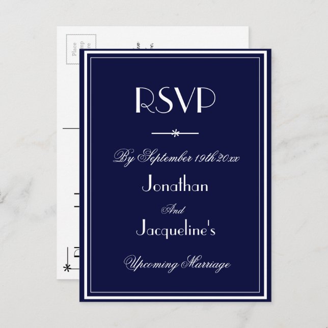 RSVP Simple Elegant Navy Blue Wedding RSVP Reply Invitation Postcard (Front/Back)