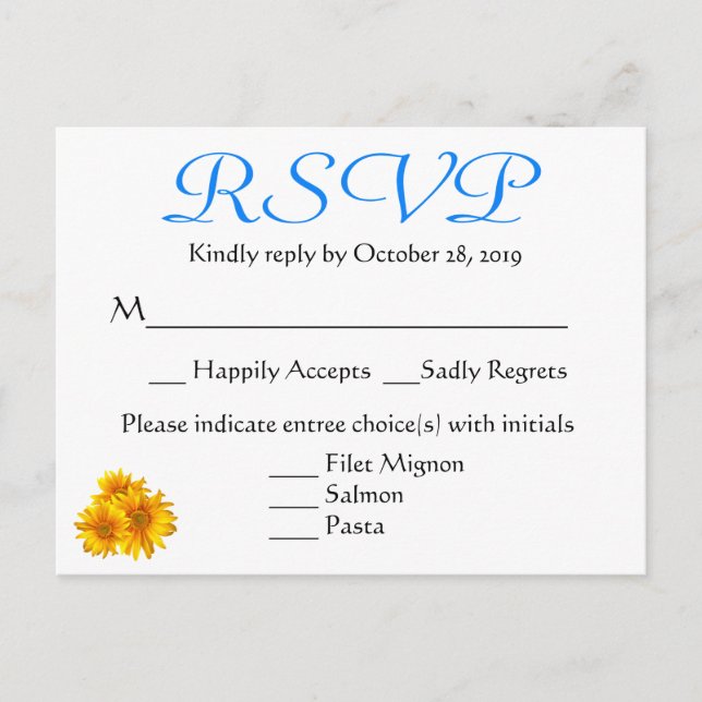 RSVP Sunflower Blue & Yellow Floral Wedding Invitation Postcard (Front)