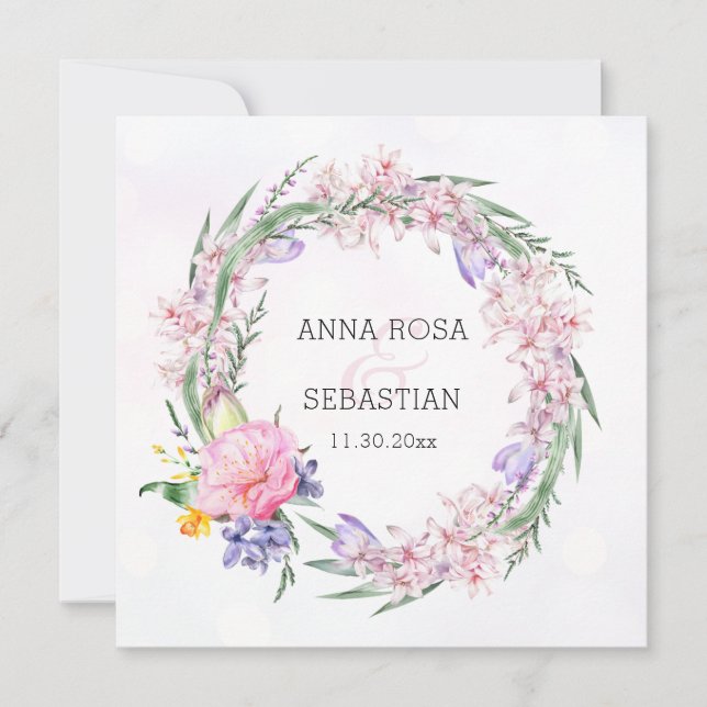 *~* RSVP Sweet Boho Floral Wreath QR AR12 Wedding Invitation (Front)