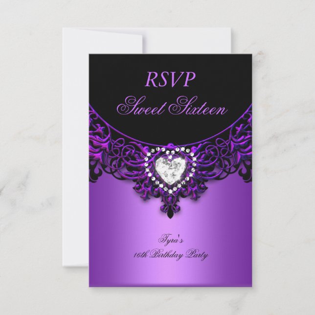 RSVP Sweet Sixteen 16 Birthday Party Purple Black (Front)