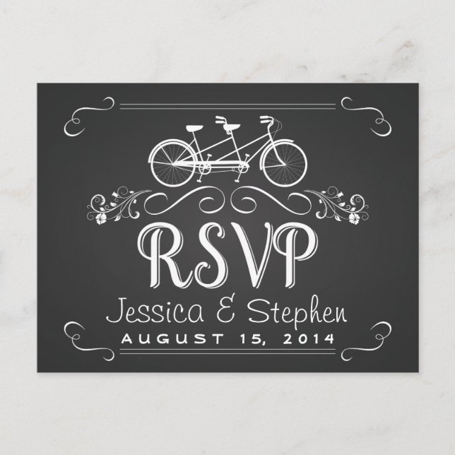 RSVP Tandem Bicycle for 2 Chalkboard Reply Invitation Postcard (Front)