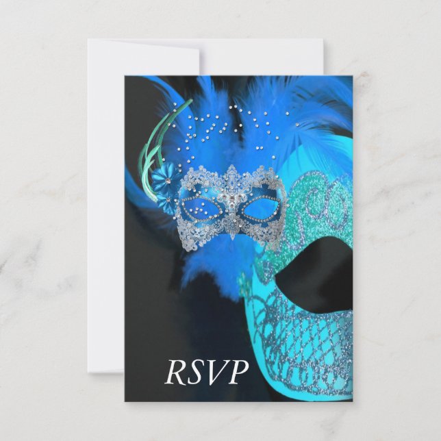 RSVP Teal Blue Black Masks Masquerade Ball Party Card (Front)