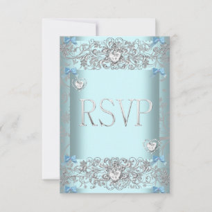 RSVP Teal Blue Damask Wedding White Diamond Hearts Card