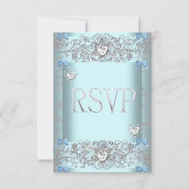 RSVP Teal Blue Damask Wedding White Diamond Hearts Card (Front)