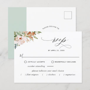 RSVP w/without Meals, Earthy Blooms, Sage Floral Postcard