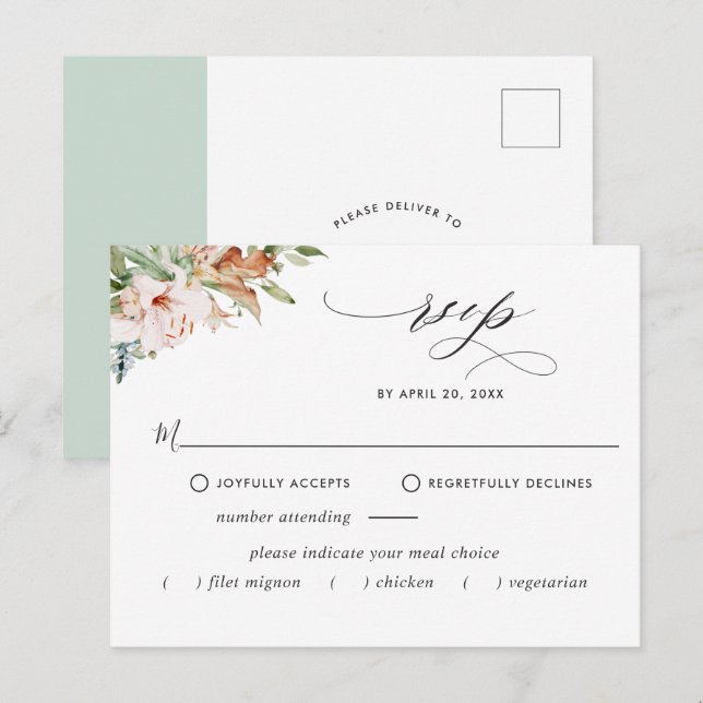 RSVP w/without Meals, Earthy Blooms, Sage Floral Postcard (Front/Back)