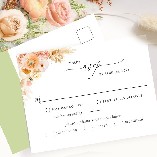 RSVP w/without Meals, Peach and Green Postcard (Creator Uploaded)