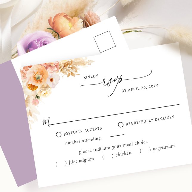 RSVP w/without Meals, Peach and Lavender Postcard (Creator Uploaded)