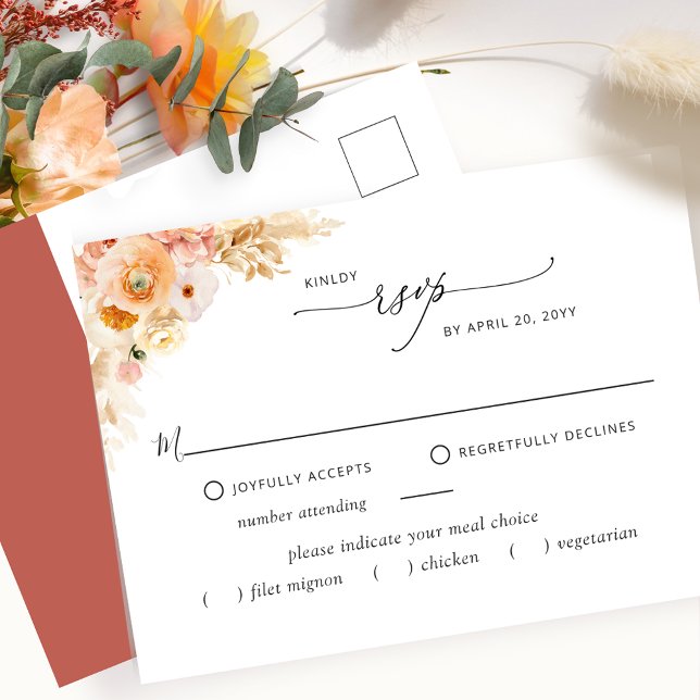 RSVP w/without Meals, Peach and Rust Orange Postcard (Creator Uploaded)