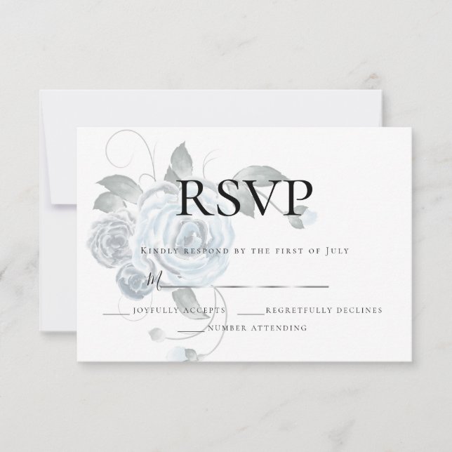 RSVP | Watercolor Dusty Blue Floral Wedding SIlver (Front)