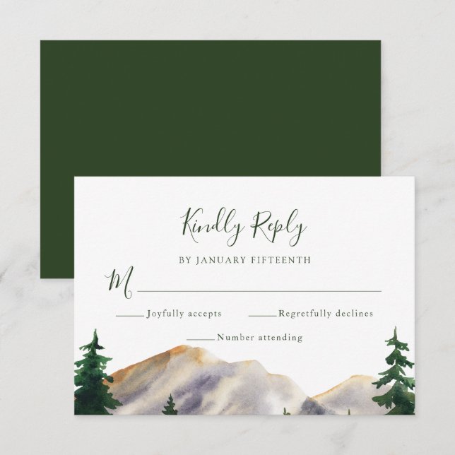RSVP Watercolor Rustic Mountains Green Wedding  (Front/Back)