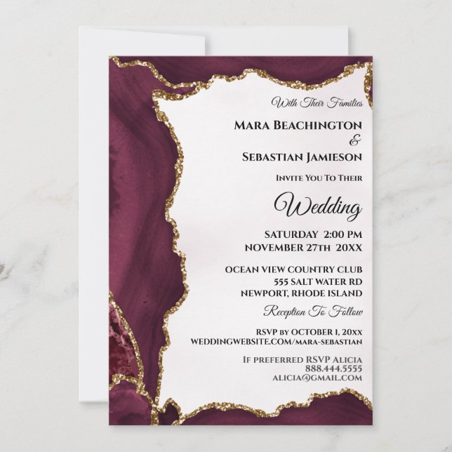 *~* RSVP Website AGATE Gold Maroon AR13 Wedding Invitation (Front)